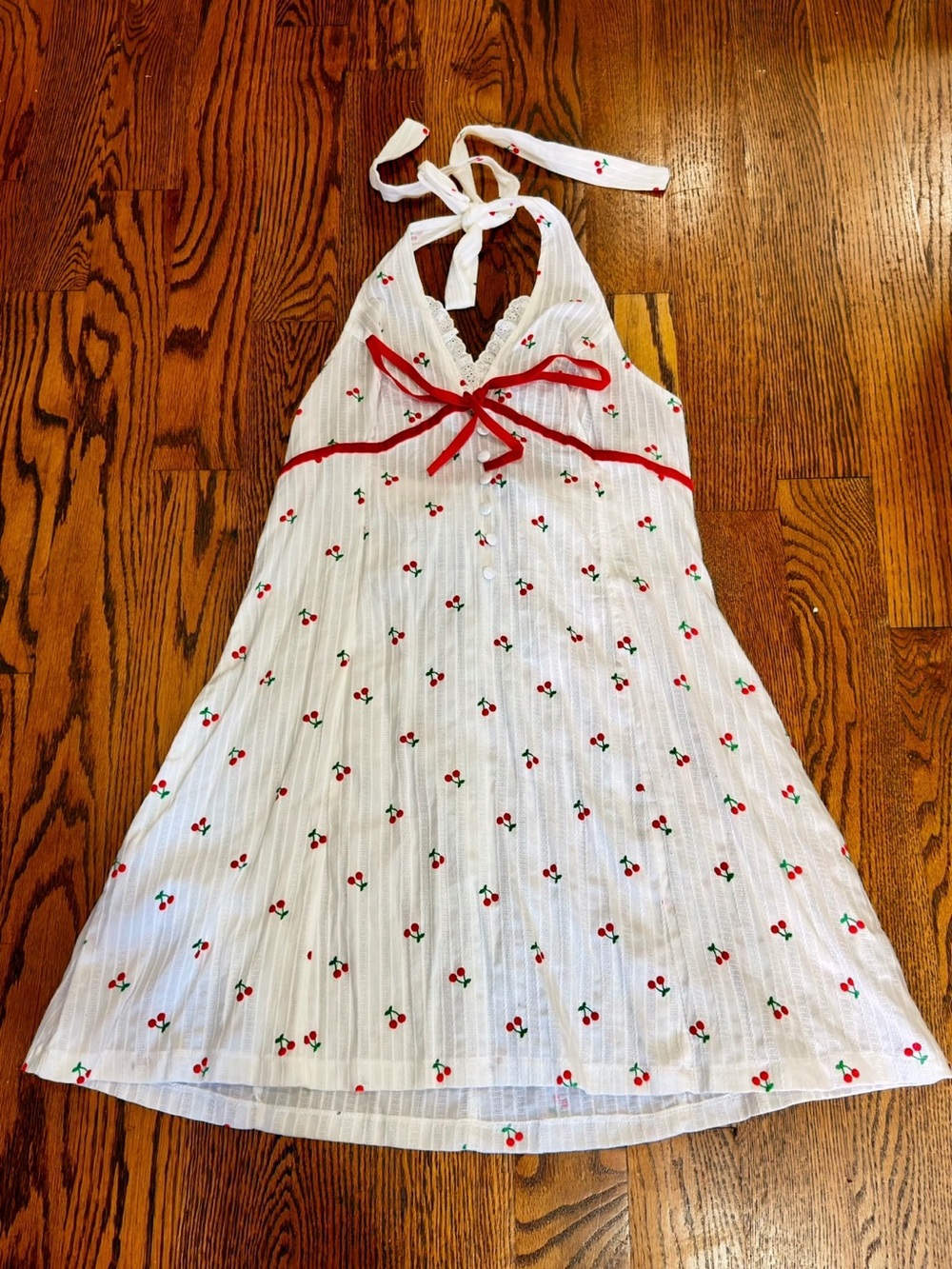 White Halter  Dress with Red Cherry Print and Bow